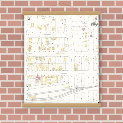 Old map wall art mockup — magnetic wood frame on brick wall — Sanborn Fire Insurance Map from Elmwood, Peoria County, Illinois (1944), Sheet #0003