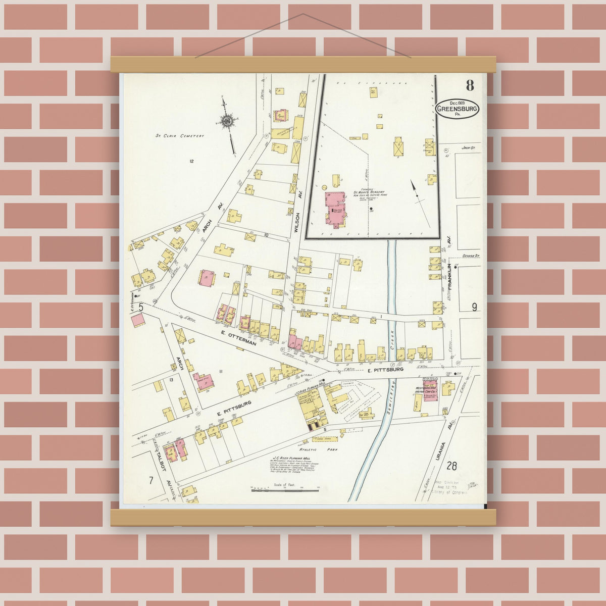 Old map wall art mockup — magnetic wood frame on brick wall — Sanborn Fire Insurance Map from Greensburg, Westmoreland County, Pennsylvania (1909), Sheet #0008