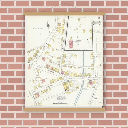 Old map wall art mockup — magnetic wood frame on brick wall — Sanborn Fire Insurance Map from Greensburg, Westmoreland County, Pennsylvania (1909), Sheet #0008