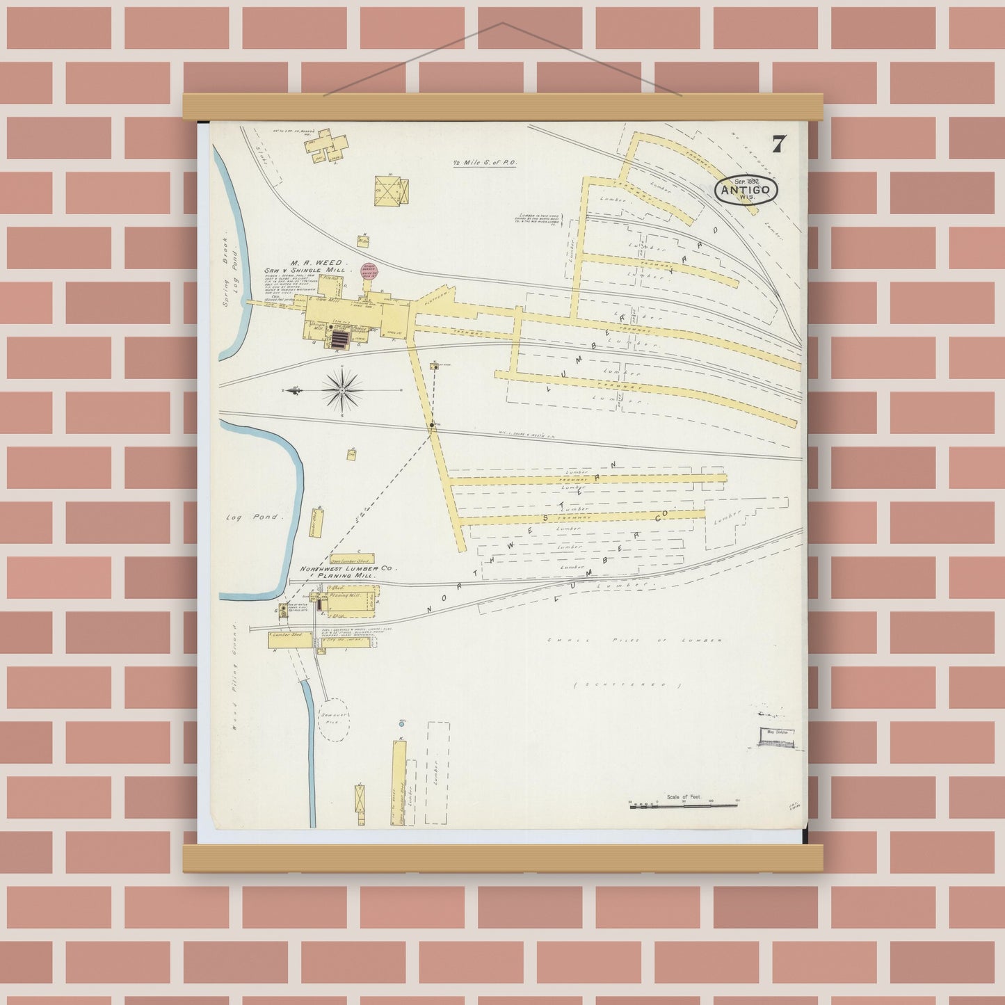Old map wall art mockup — magnetic wood frame on brick wall — Sanborn Fire Insurance Map from Antigo, Langlade County, Wisconsin (1892), Sheet #0007