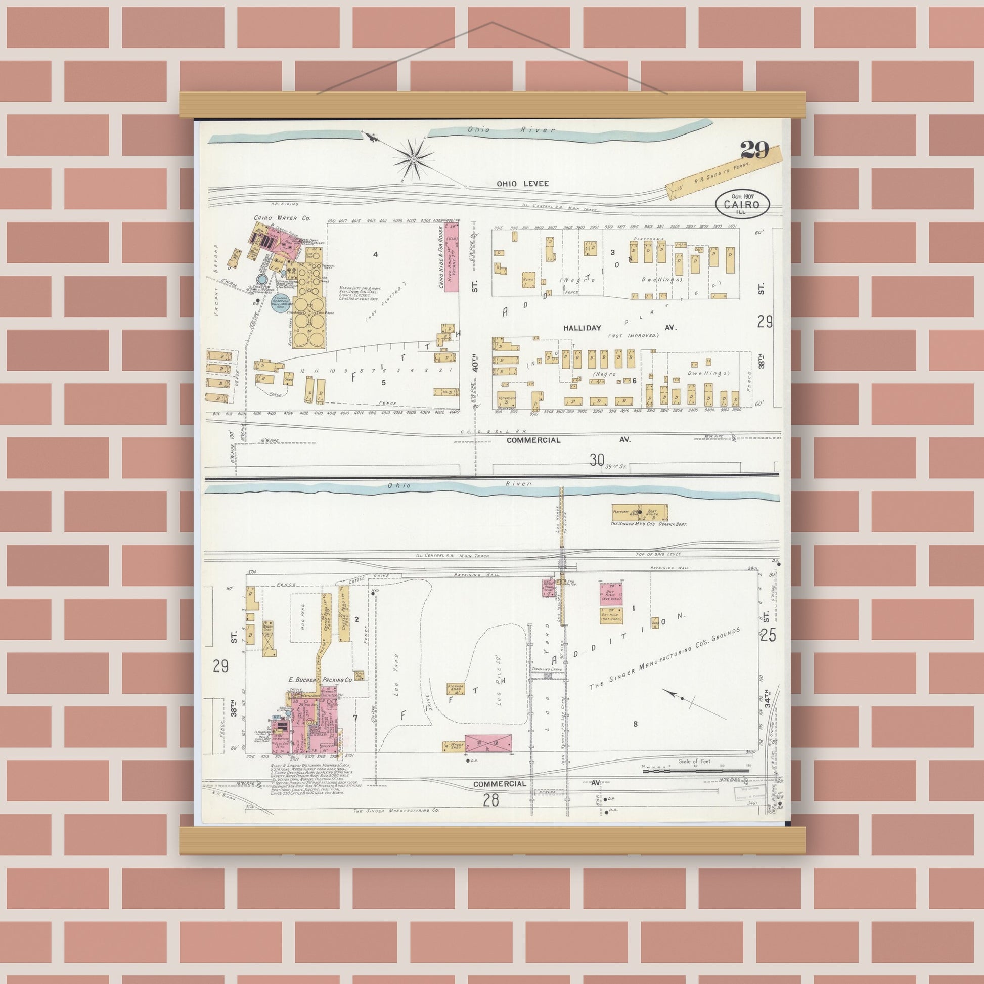 Old map wall art mockup — magnetic wood frame on brick wall — Sanborn Fire Insurance Map from Cairo, Alexander County, Illinois (1907), Sheet #0029