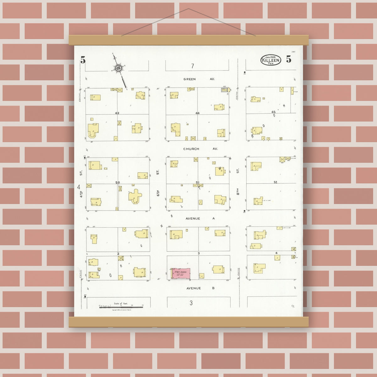 Old map wall art mockup — magnetic wood frame on brick wall — Sanborn Fire Insurance Map from Killeen, Bell County, Texas (1926), Sheet #0005