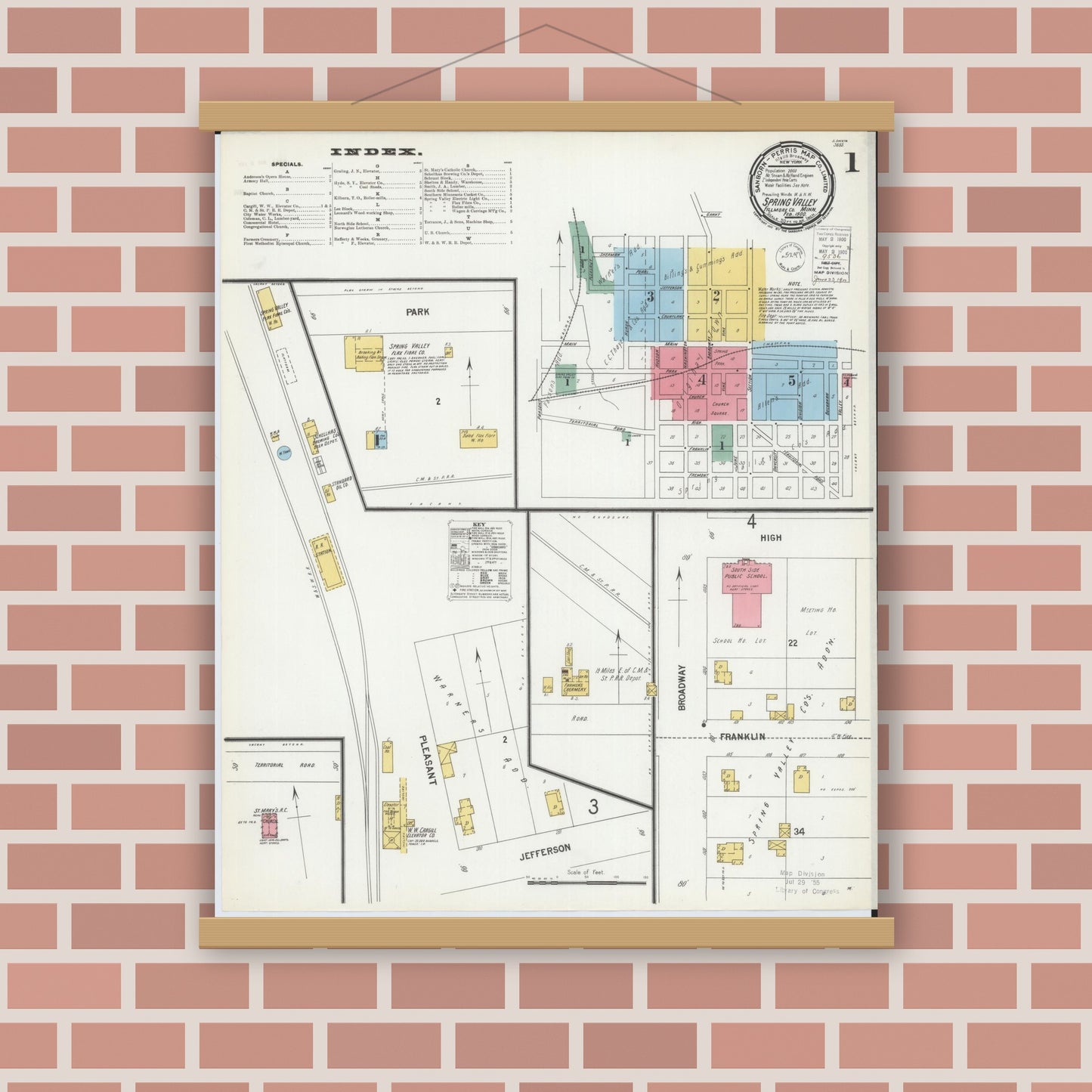 Old map wall art mockup — magnetic wood frame on brick wall — Sanborn Fire Insurance Map from Spring Valley, Fillmore County, Minnesota (1900) - Complete Map Set