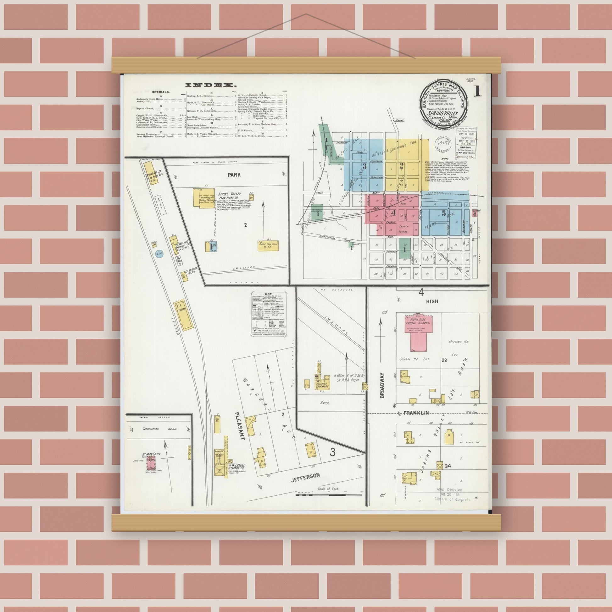 Old map wall art mockup — magnetic wood frame on brick wall — Sanborn Fire Insurance Map from Spring Valley, Fillmore County, Minnesota (1900) - Complete Map Set