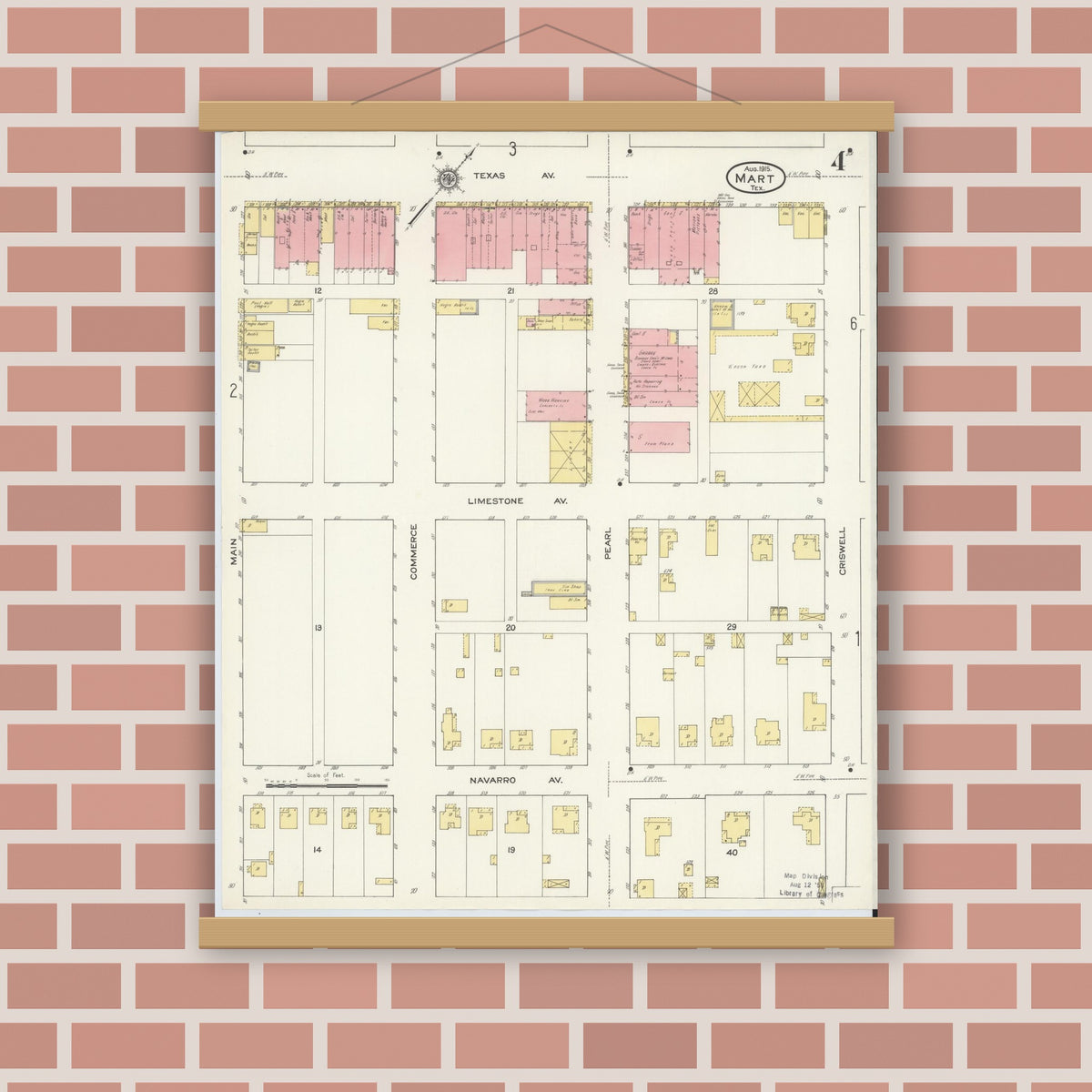 Old map wall art mockup — magnetic wood frame on brick wall — Sanborn Fire Insurance Map from Mart, McLennan County, Texas (1915), Sheet #0004