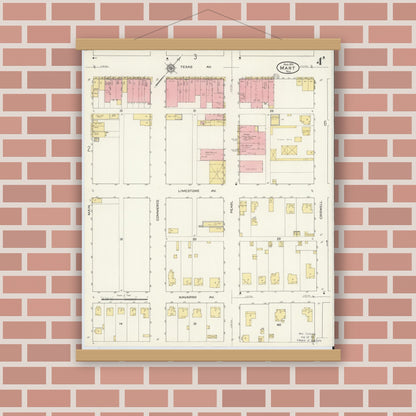 Old map wall art mockup — magnetic wood frame on brick wall — Sanborn Fire Insurance Map from Mart, McLennan County, Texas (1915), Sheet #0004
