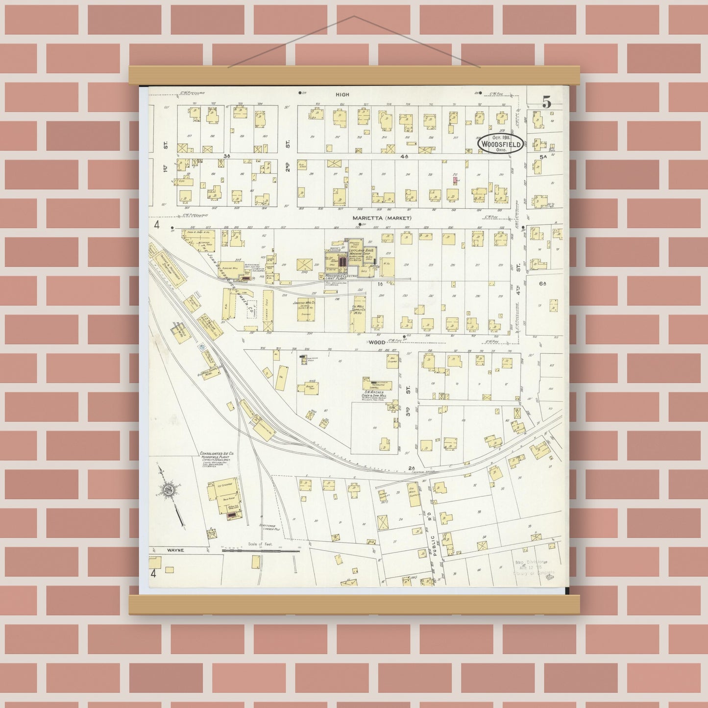 Old map wall art mockup — magnetic wood frame on brick wall — Sanborn Fire Insurance Map from Woodsfield, Monroe County, Ohio (1911), Sheet #0005