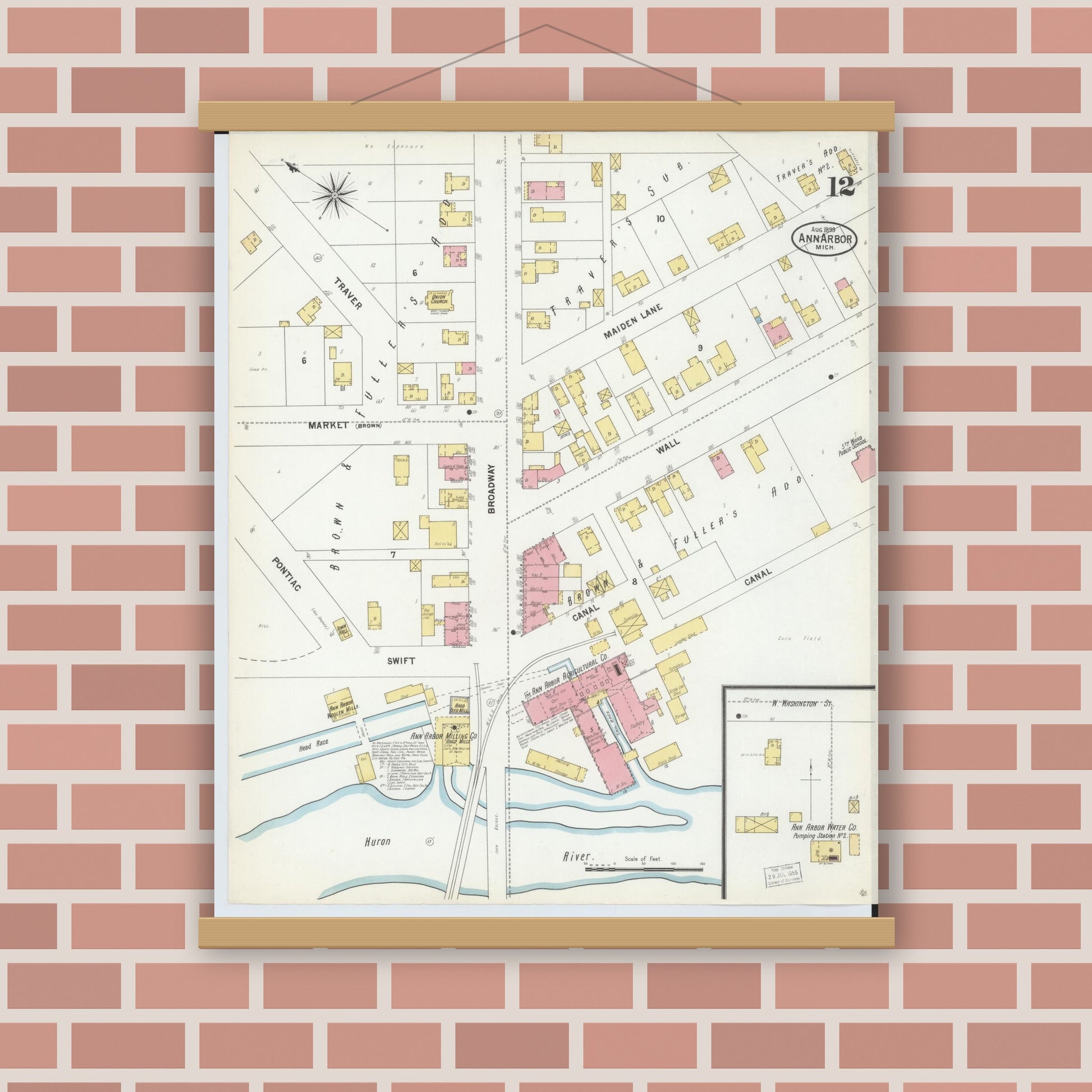 Old map wall art mockup — magnetic wood frame on brick wall — Sanborn Fire Insurance Map from Ann Arbor, Washtenaw County, Michigan (1899), Sheet #0012