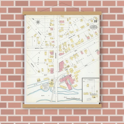 Old map wall art mockup — magnetic wood frame on brick wall — Sanborn Fire Insurance Map from Ann Arbor, Washtenaw County, Michigan (1899), Sheet #0012