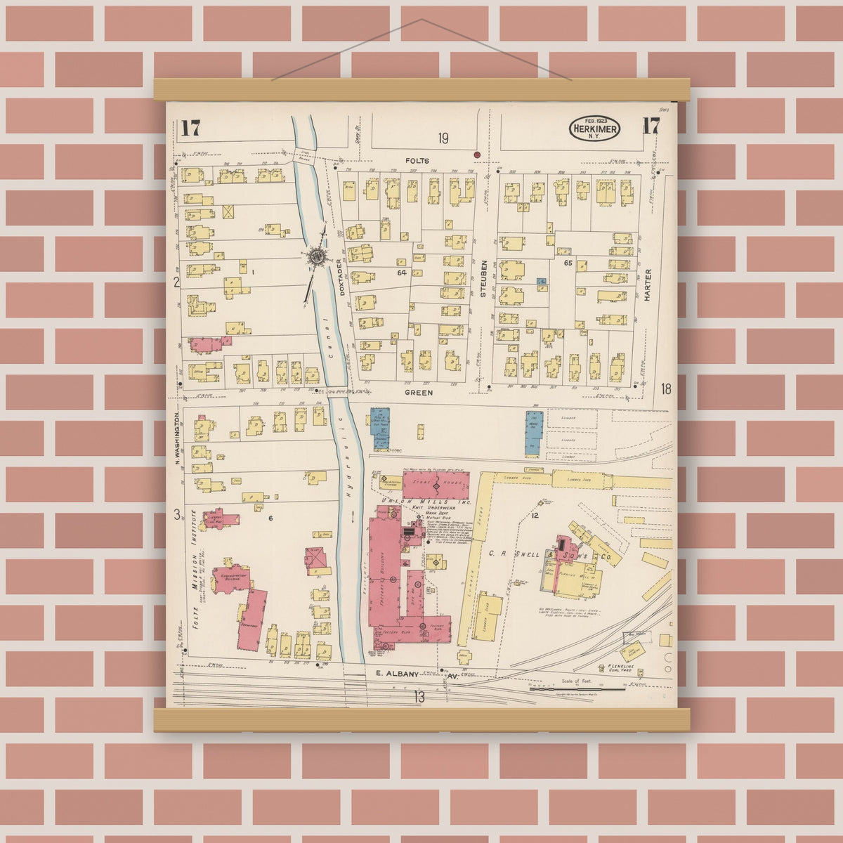 Old map wall art mockup — magnetic wood frame on brick wall — Sanborn Fire Insurance Map from Herkimer, Herkimer County, New York (1923), Sheet #0017