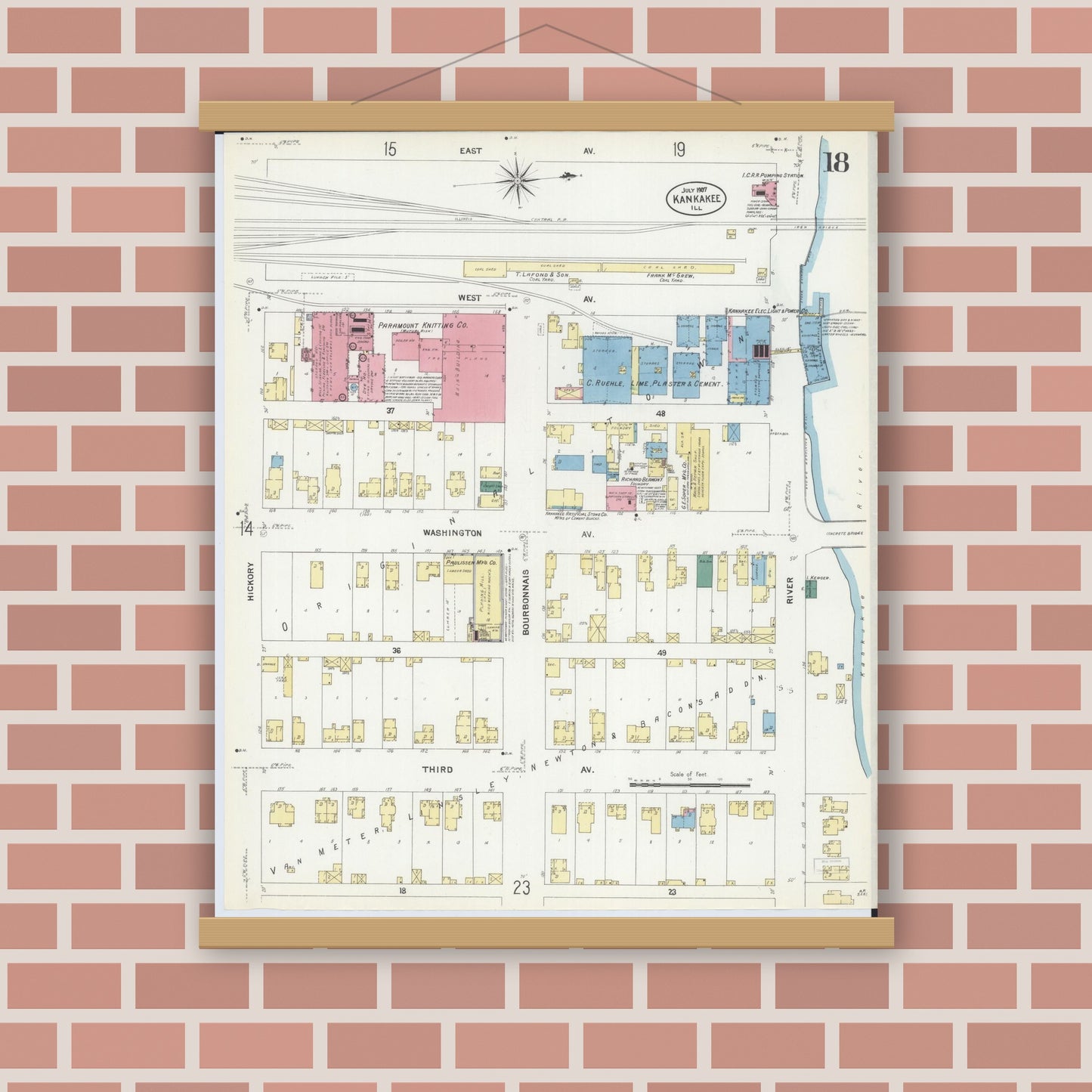 Old map wall art mockup — magnetic wood frame on brick wall — Sanborn Fire Insurance Map from Kankakee, Kankakee County, Illinois (1907), Sheet #0018