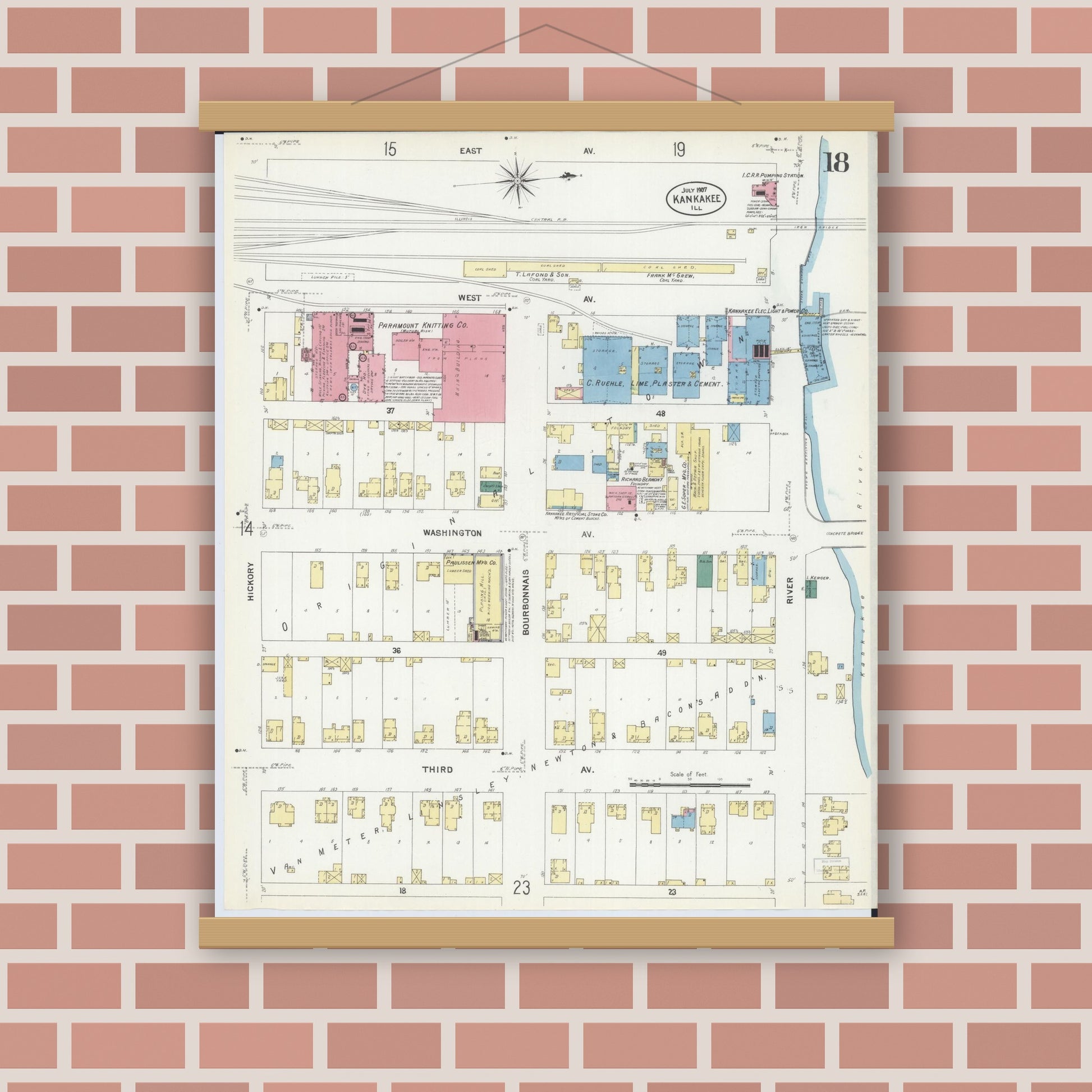 Old map wall art mockup — magnetic wood frame on brick wall — Sanborn Fire Insurance Map from Kankakee, Kankakee County, Illinois (1907), Sheet #0018