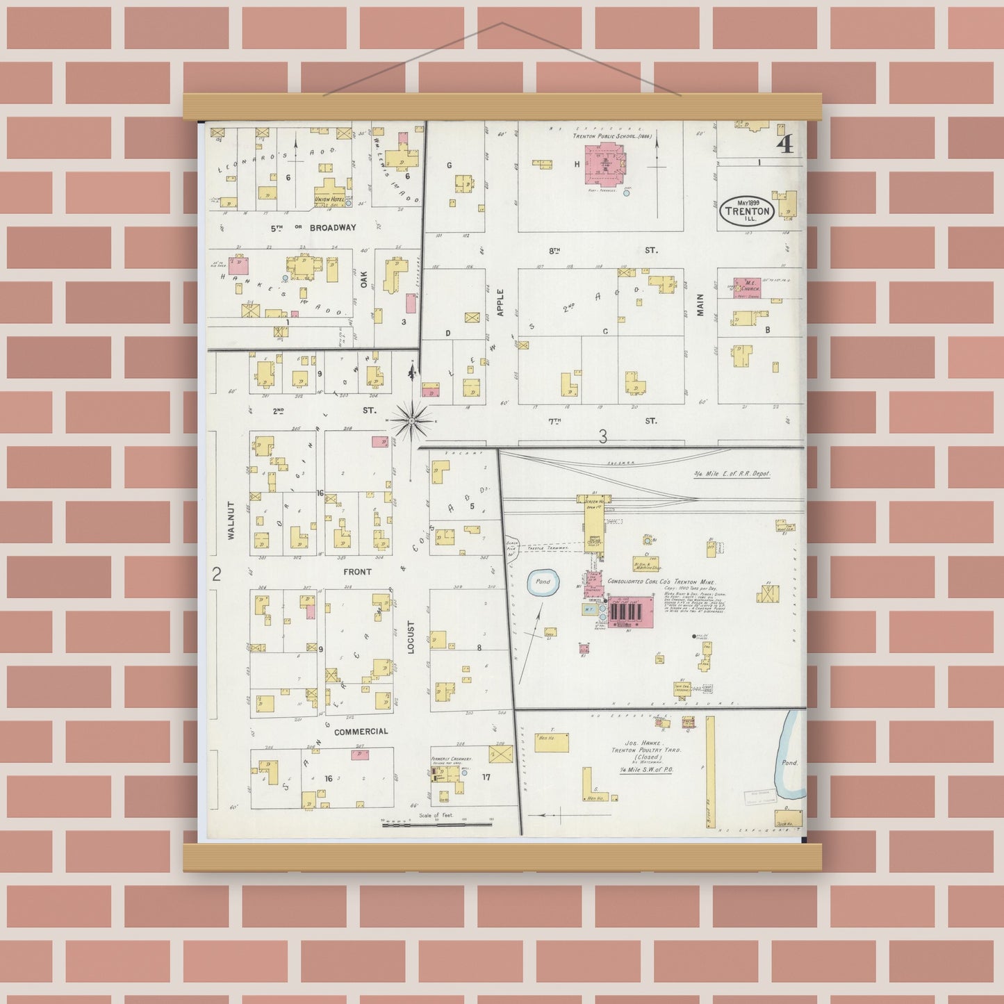 Old map wall art mockup — magnetic wood frame on brick wall — Sanborn Fire Insurance Map from Trenton, Clinton County, Illinois (1899), Sheet #0004
