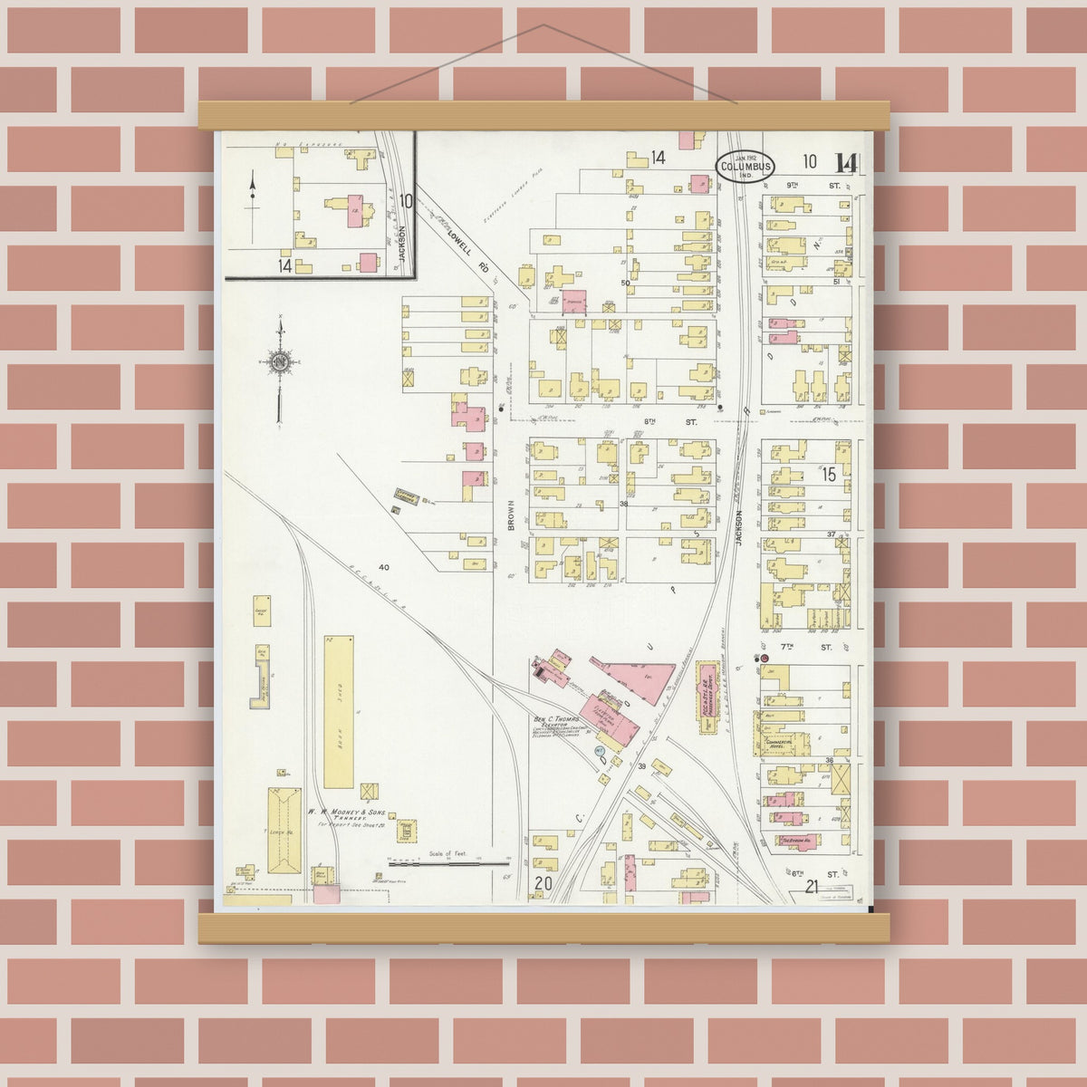 Old map wall art mockup — magnetic wood frame on brick wall — Sanborn Fire Insurance Map from Columbus, Bartholomew County, Indiana (1912), Sheet #0014