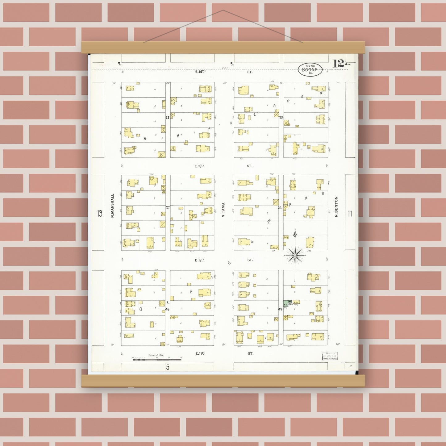 Old map wall art mockup — magnetic wood frame on brick wall — Sanborn Fire Insurance Map from Boone, Boone County, Iowa (1900), Sheet #0012