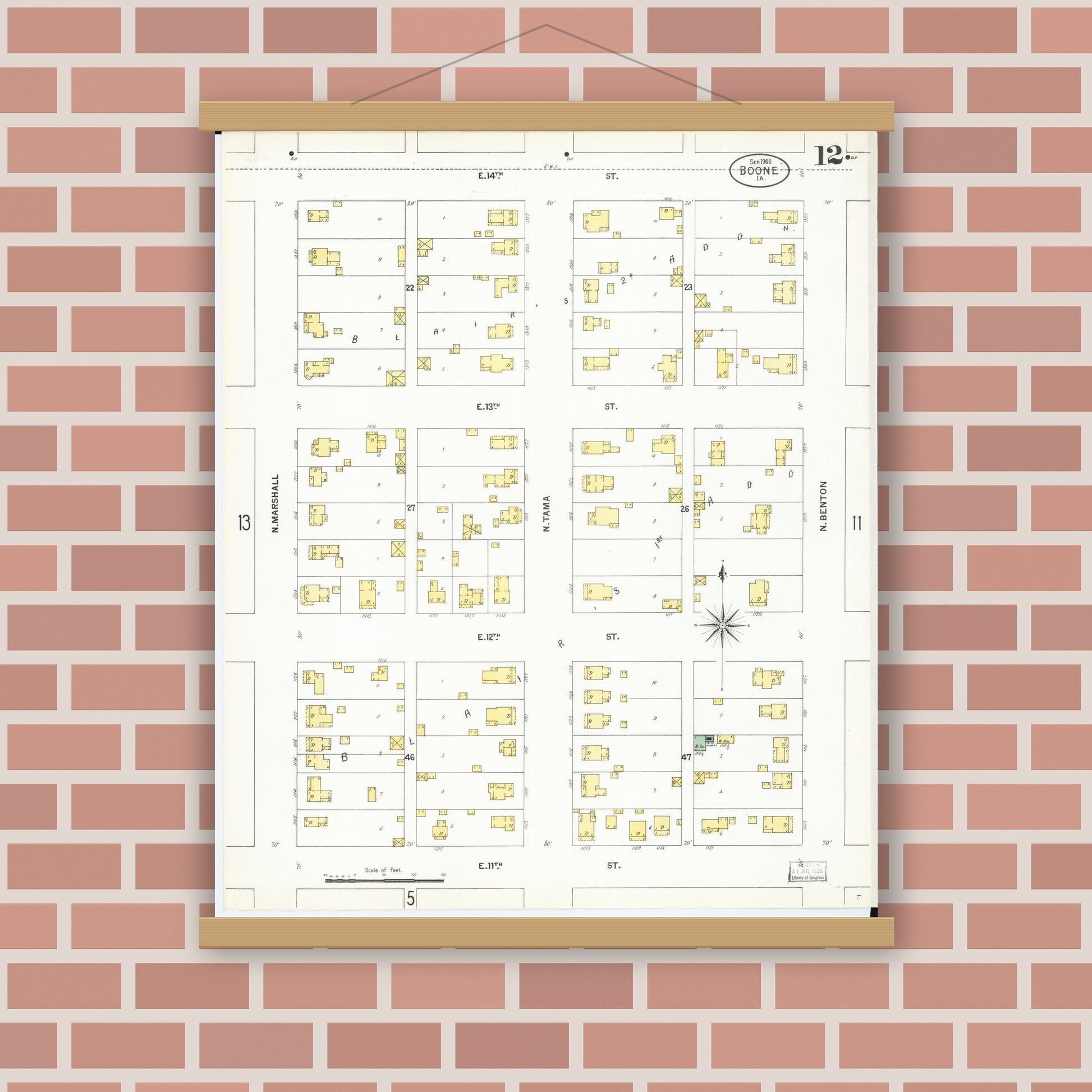 Old map wall art mockup — magnetic wood frame on brick wall — Sanborn Fire Insurance Map from Boone, Boone County, Iowa (1900), Sheet #0012