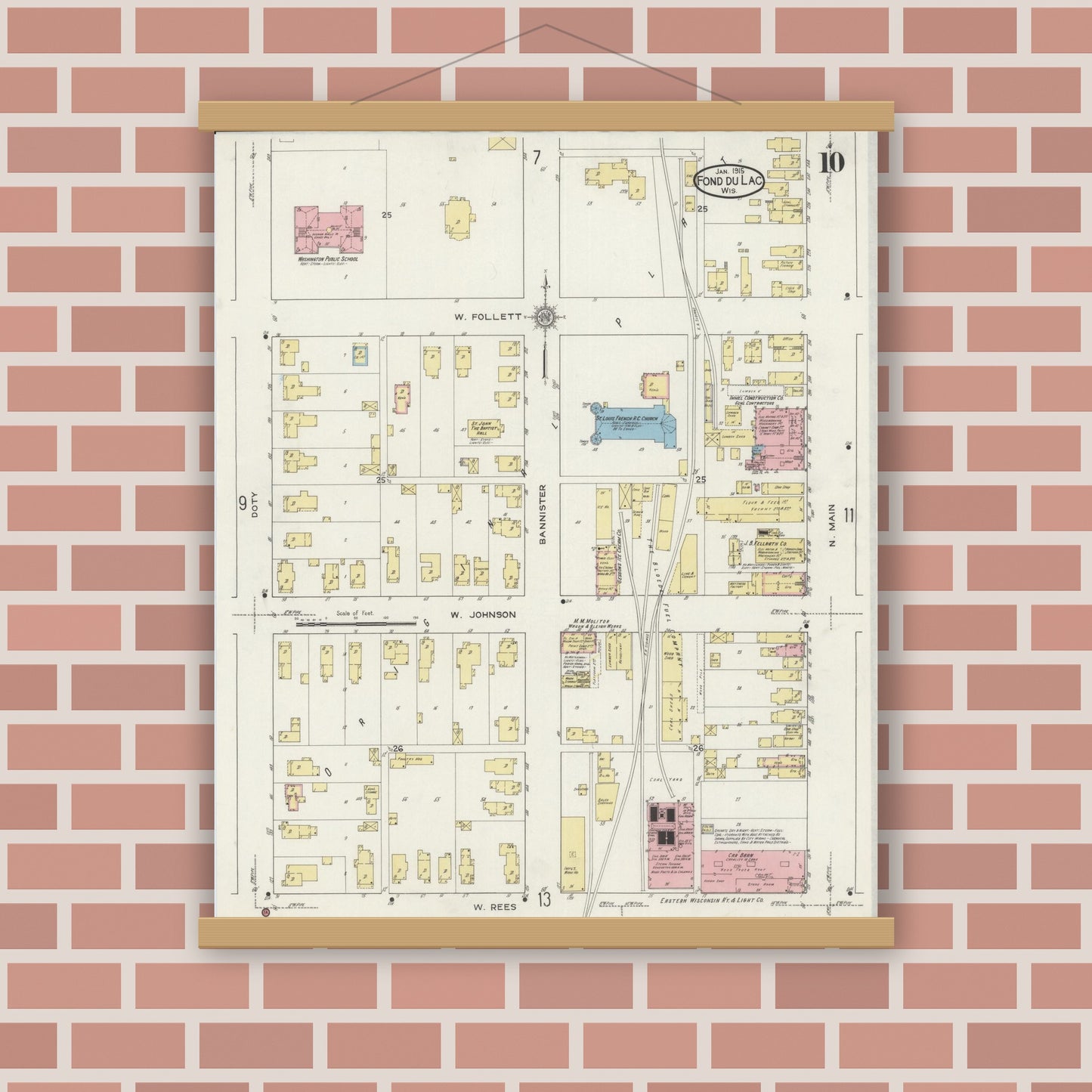 Old map wall art mockup — magnetic wood frame on brick wall — Sanborn Fire Insurance Map from Fond du Lac, Fond du Lac County, Wisconsin (1915), Sheet #0010