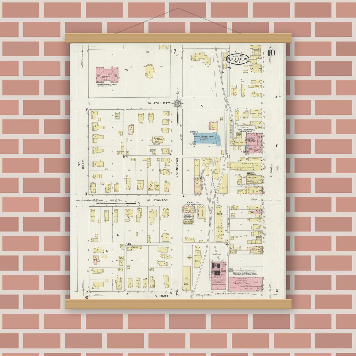 Old map wall art mockup — magnetic wood frame on brick wall — Sanborn Fire Insurance Map from Fond du Lac, Fond du Lac County, Wisconsin (1915), Sheet #0010