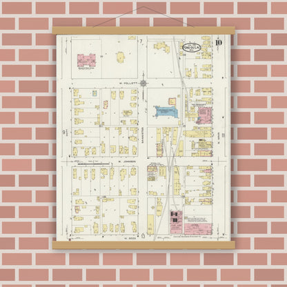 Old map wall art mockup — magnetic wood frame on brick wall — Sanborn Fire Insurance Map from Fond du Lac, Fond du Lac County, Wisconsin (1915), Sheet #0010