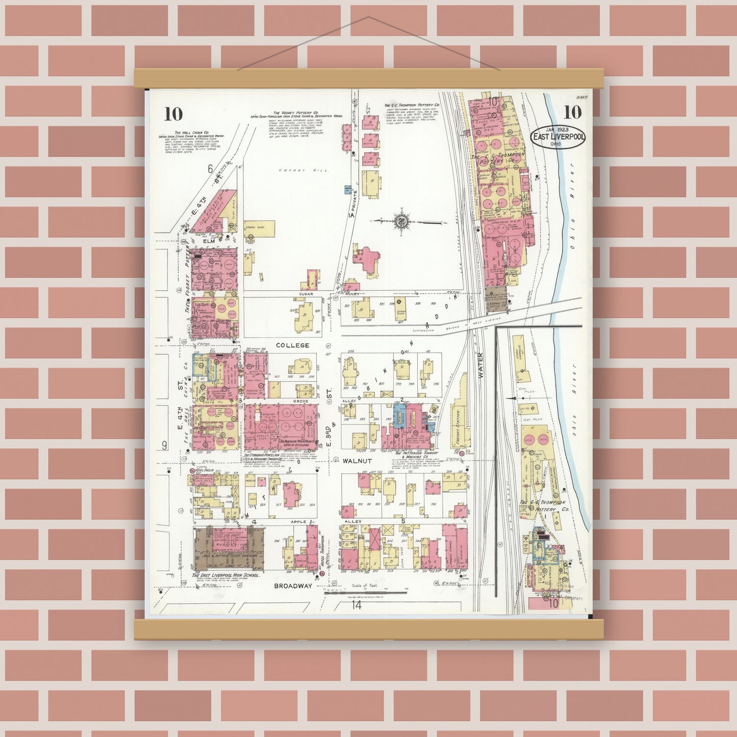 Old map wall art mockup — magnetic wood frame on brick wall — Sanborn Fire Insurance Map from East Liverpool, Columbiana County, Ohio (1923), Sheet #0010