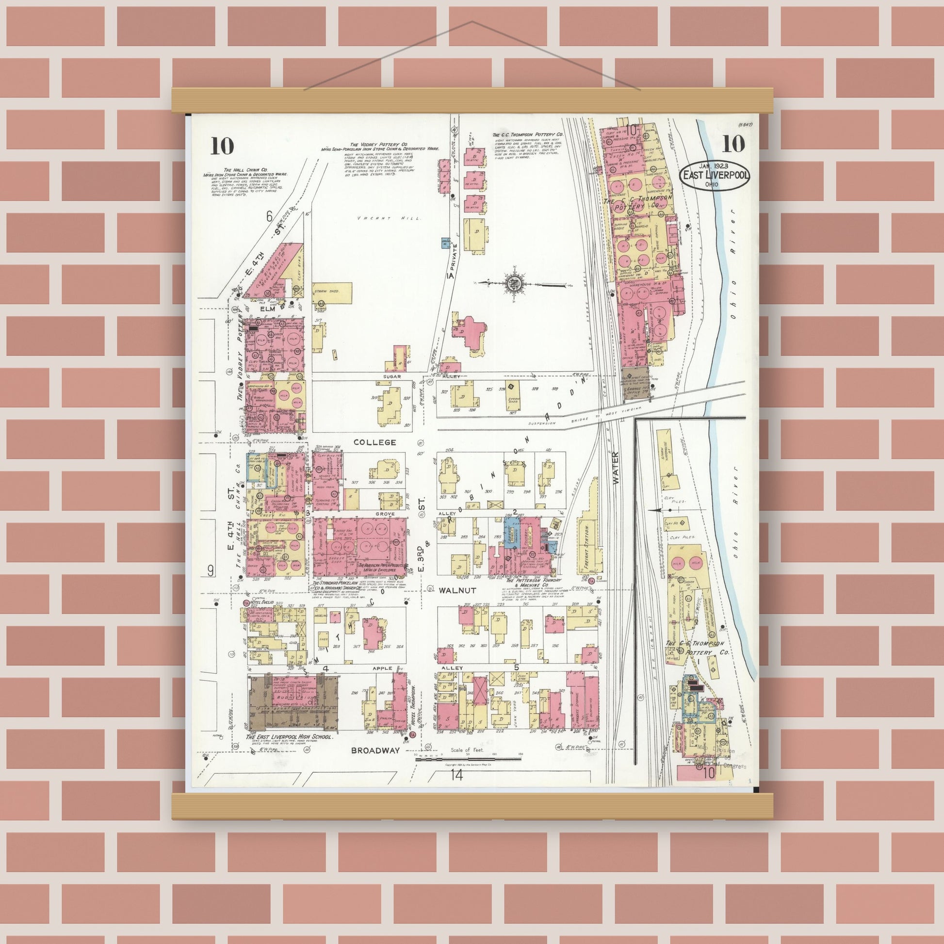 Old map wall art mockup — magnetic wood frame on brick wall — Sanborn Fire Insurance Map from East Liverpool, Columbiana County, Ohio (1923), Sheet #0010