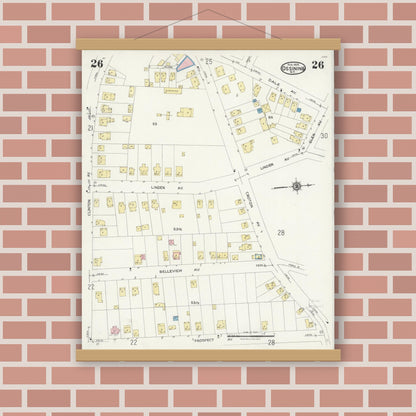 Old map wall art mockup — magnetic wood frame on brick wall — Sanborn Fire Insurance Map from Ossining, Westchester County, New York (1924), Sheet #0026