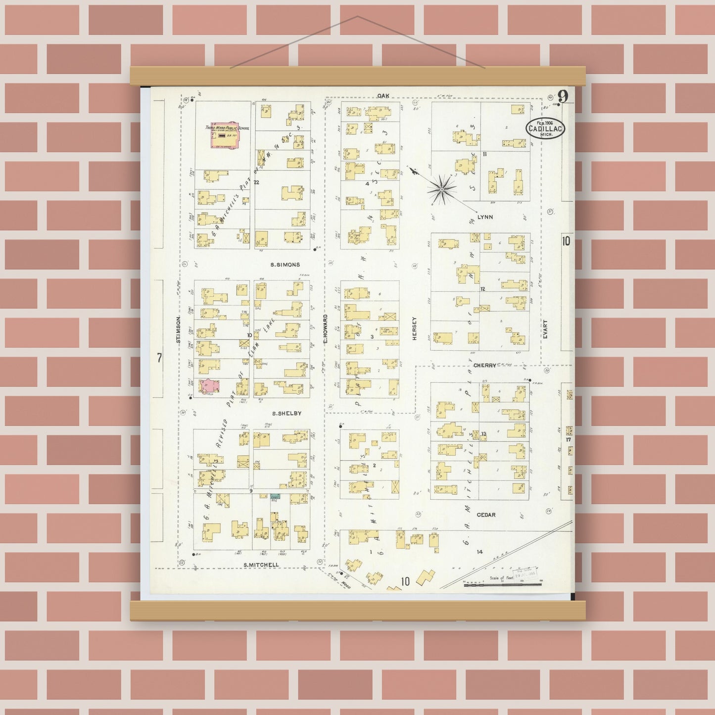 Old map wall art mockup — magnetic wood frame on brick wall — Sanborn Fire Insurance Map from Cadillac, Wexford County, Michigan (1906), Sheet #0009