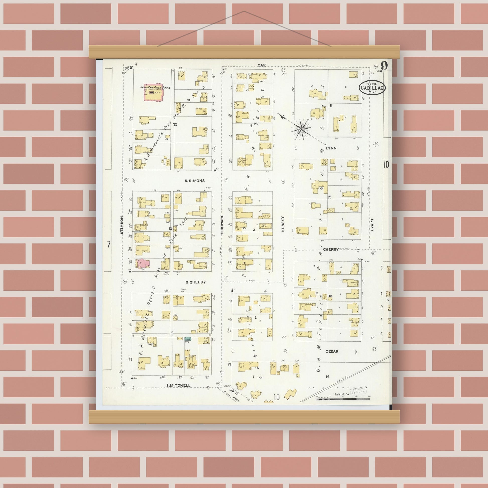 Old map wall art mockup — magnetic wood frame on brick wall — Sanborn Fire Insurance Map from Cadillac, Wexford County, Michigan (1906), Sheet #0009