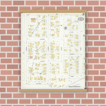 Old map wall art mockup — magnetic wood frame on brick wall — Sanborn Fire Insurance Map from Cadillac, Wexford County, Michigan (1906), Sheet #0009