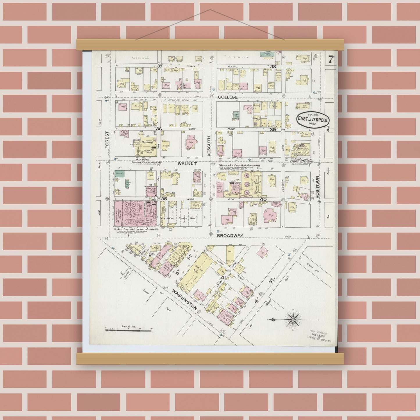 Old map wall art mockup — magnetic wood frame on brick wall — Sanborn Fire Insurance Map from East Liverpool, Columbiana County, Ohio (1887), Sheet #0007
