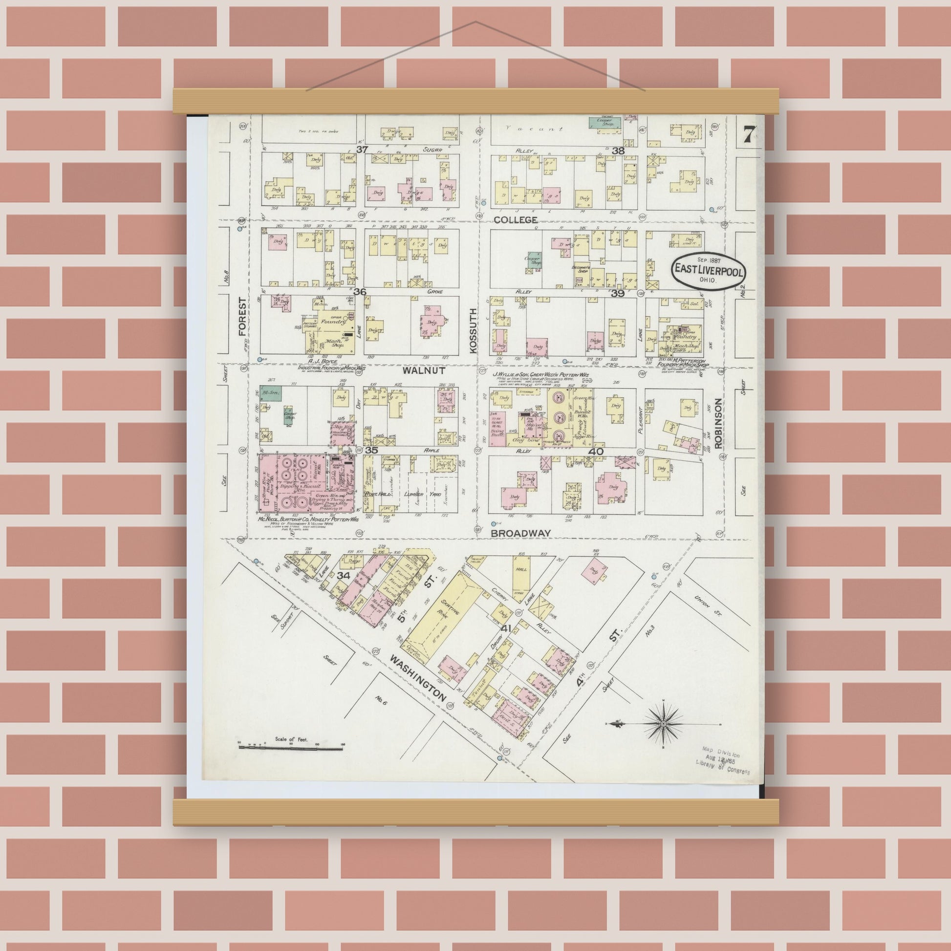 Old map wall art mockup — magnetic wood frame on brick wall — Sanborn Fire Insurance Map from East Liverpool, Columbiana County, Ohio (1887), Sheet #0007