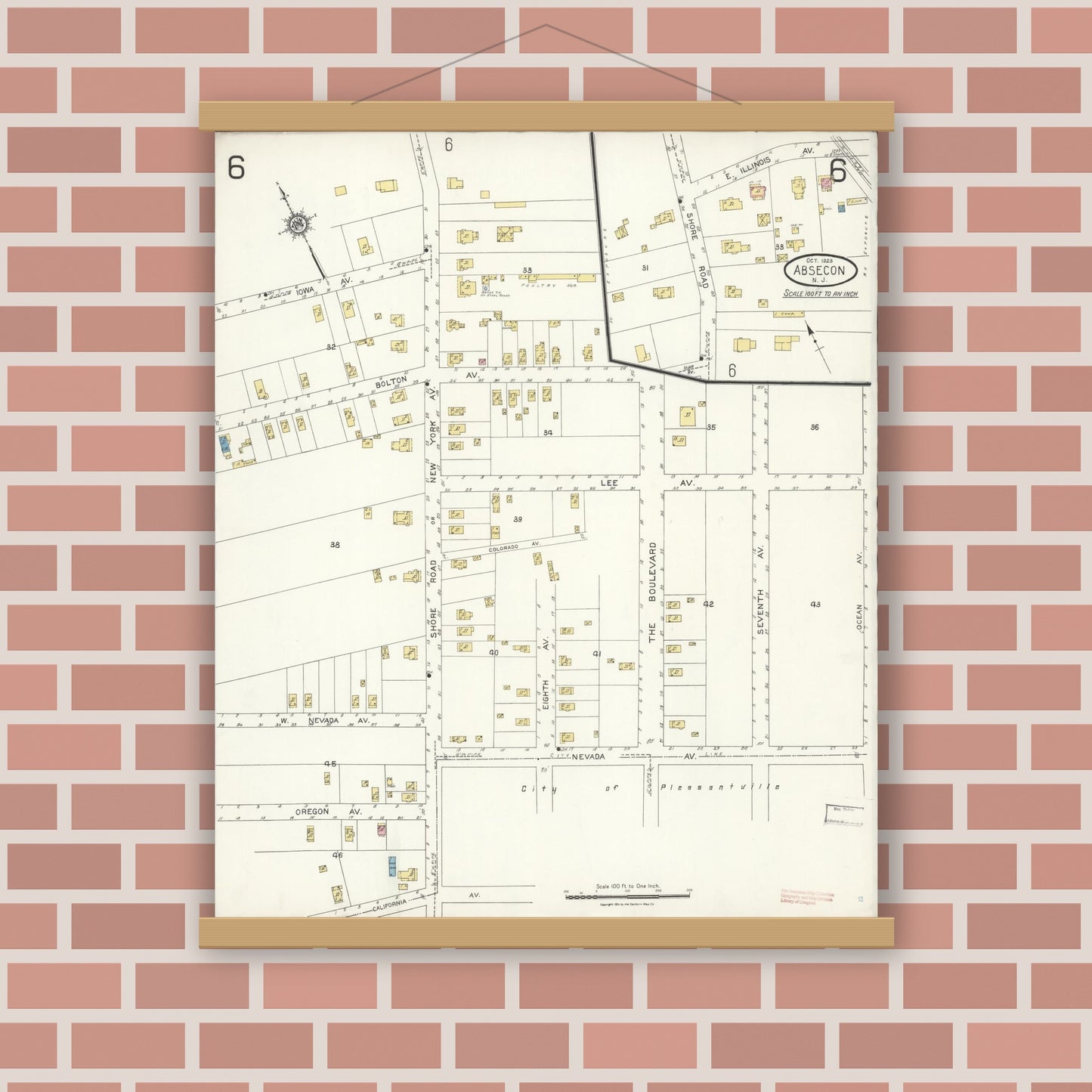 Old map wall art mockup — magnetic wood frame on brick wall — Sanborn Fire Insurance Map from Absecon, Atlantic County, New Jersey (1923), Sheet #0006