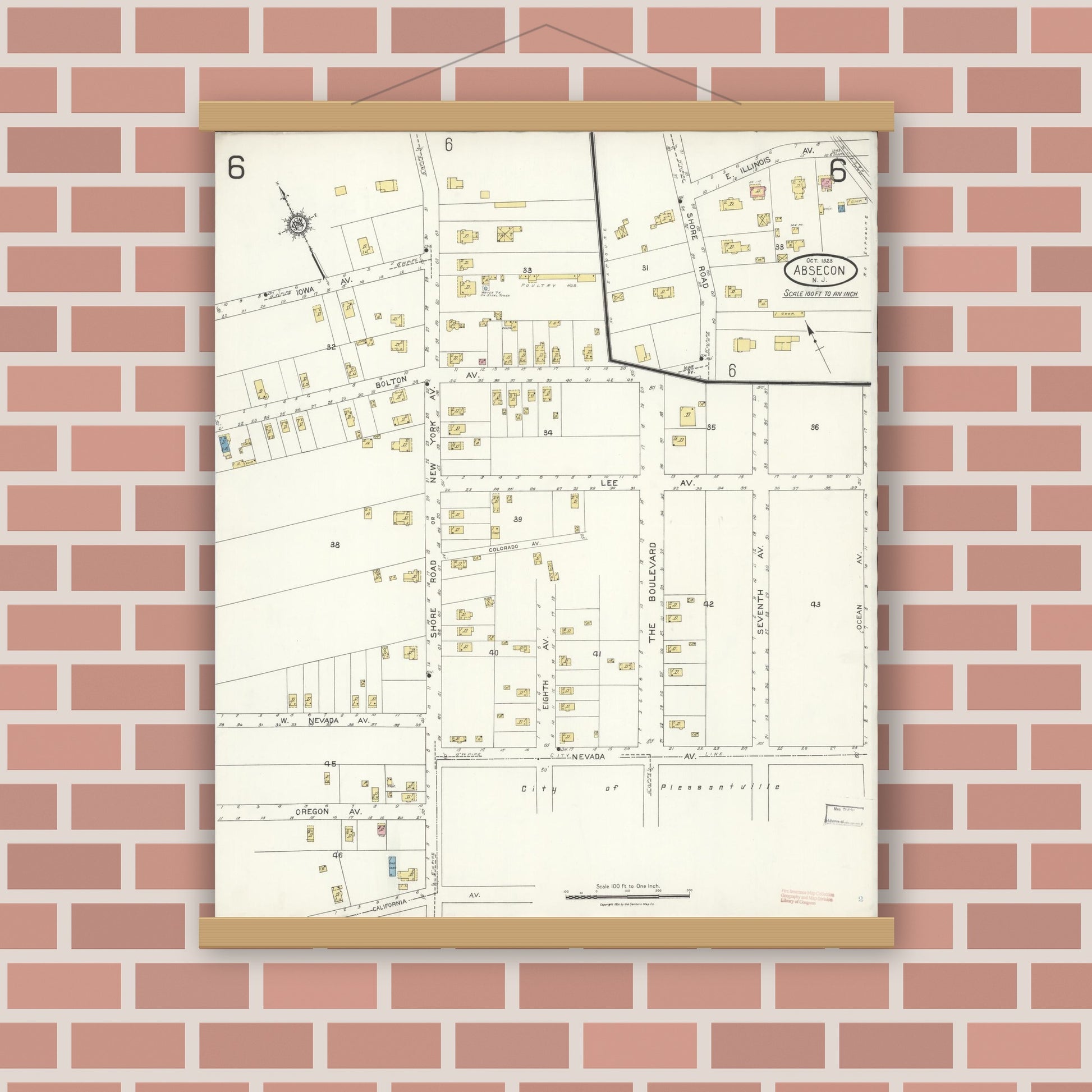 Old map wall art mockup — magnetic wood frame on brick wall — Sanborn Fire Insurance Map from Absecon, Atlantic County, New Jersey (1923), Sheet #0006