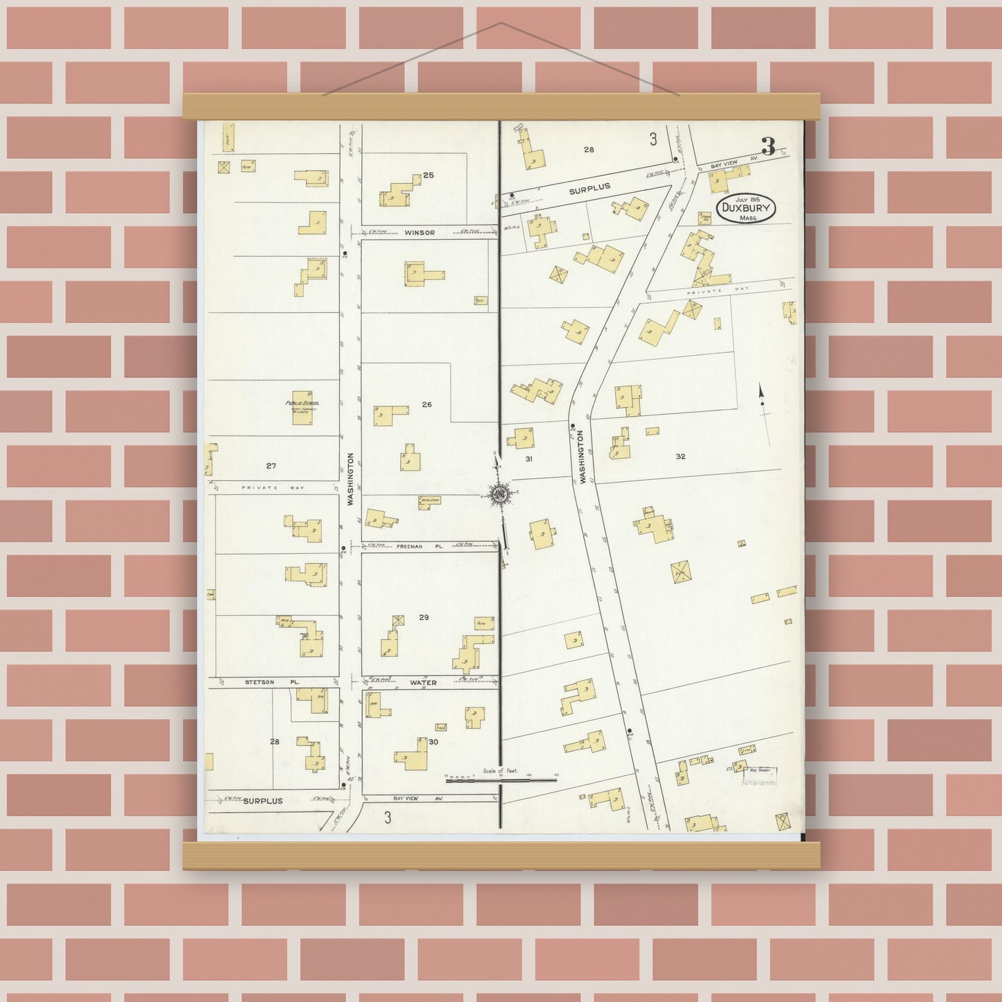 Old map wall art mockup — magnetic wood frame on brick wall — Sanborn Fire Insurance Map from Duxbury, Plymouth County, Massachusetts (1915), Sheet #0003
