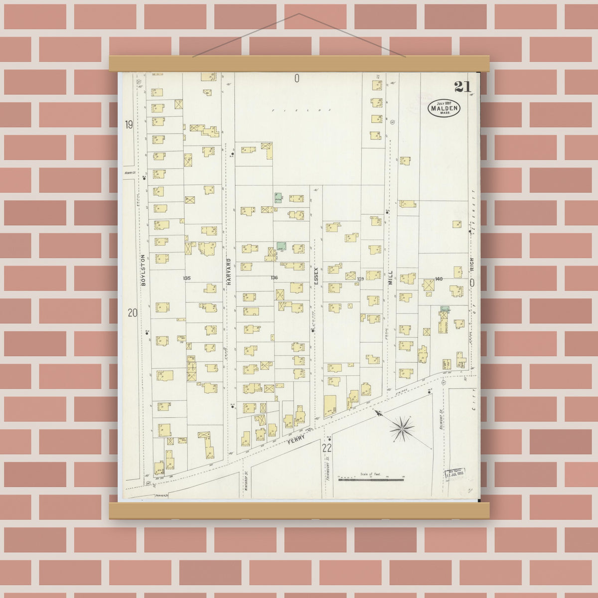 Old map wall art mockup — magnetic wood frame on brick wall — Sanborn Fire Insurance Map from Malden, Middlesex County, Massachusetts (1897), Sheet #0021