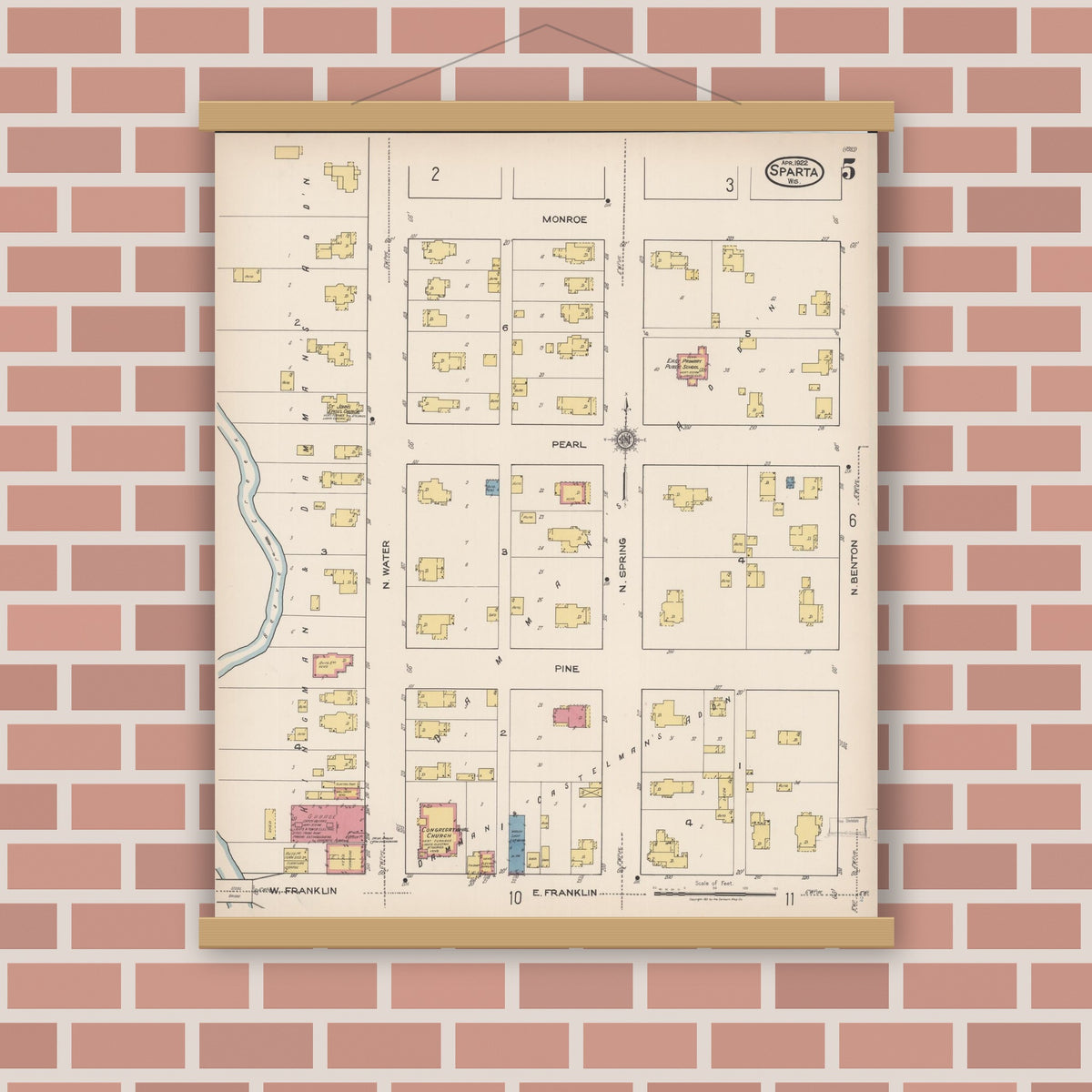 Old map wall art mockup — magnetic wood frame on brick wall — Sanborn Fire Insurance Map from Sparta, Monroe County, Wisconsin (1922), Sheet #0005