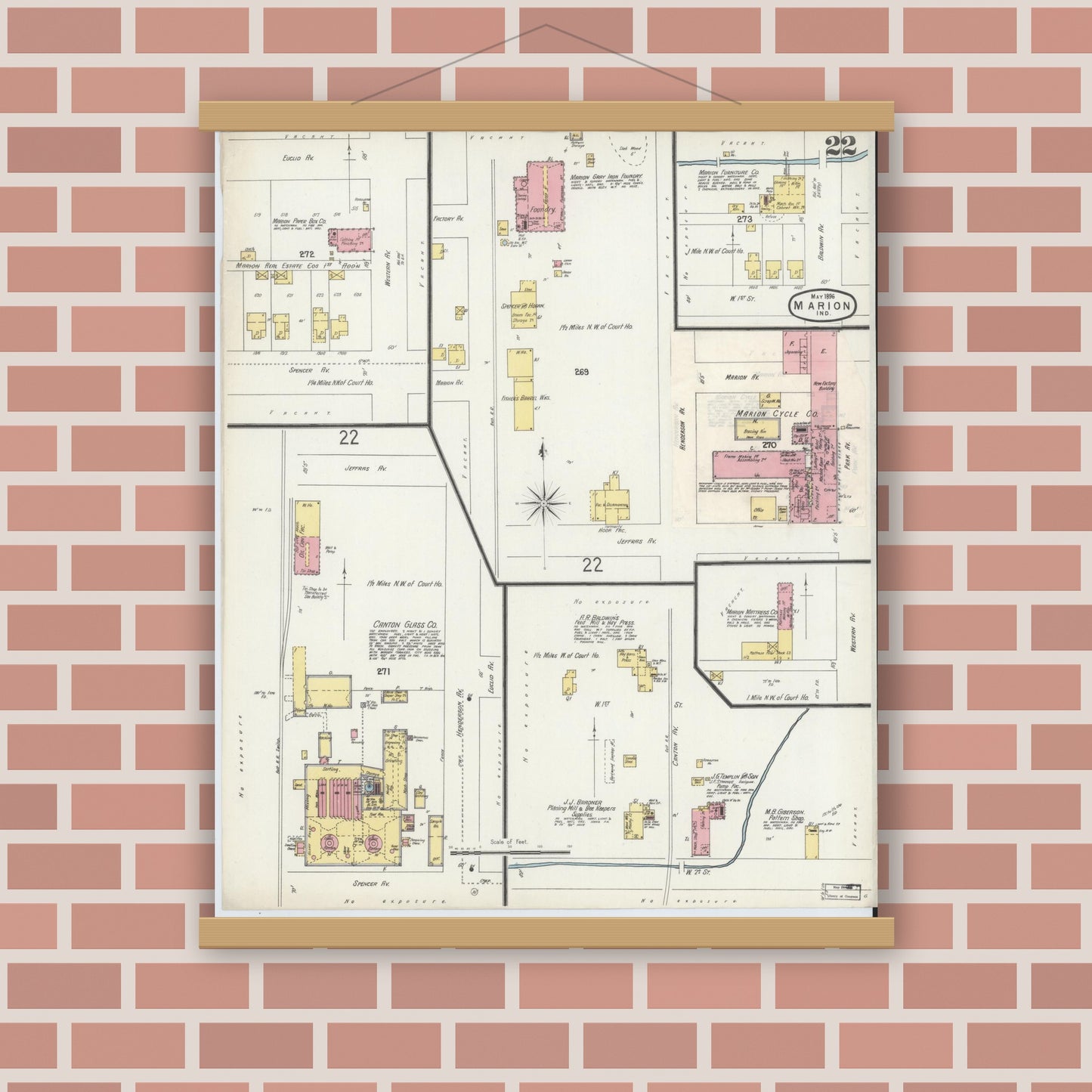 Old map wall art mockup — magnetic wood frame on brick wall — Sanborn Fire Insurance Map from Marion, Grant County, Indiana (1896), Sheet #0022