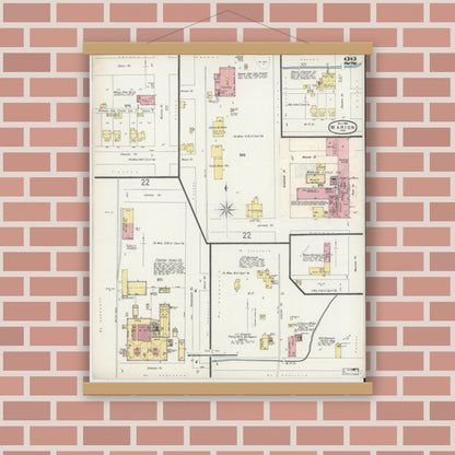Old map wall art mockup — magnetic wood frame on brick wall — Sanborn Fire Insurance Map from Marion, Grant County, Indiana (1896), Sheet #0022