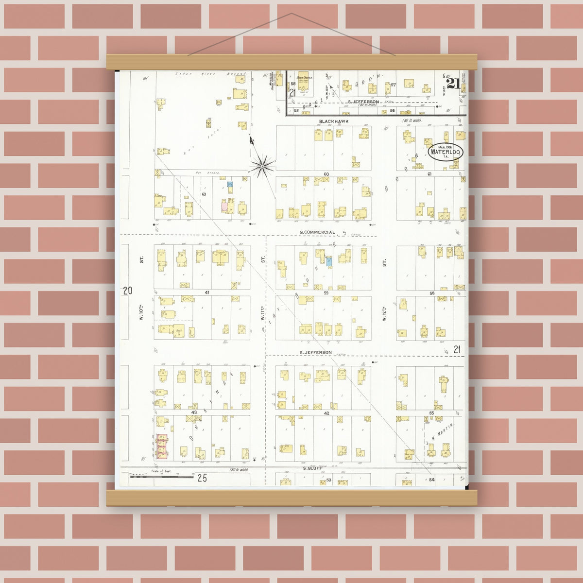 Old map wall art mockup — magnetic wood frame on brick wall — Sanborn Fire Insurance Map from Waterloo, Black Hawk County, Iowa (1906), Sheet #0021