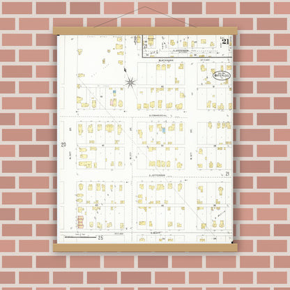 Old map wall art mockup — magnetic wood frame on brick wall — Sanborn Fire Insurance Map from Waterloo, Black Hawk County, Iowa (1906), Sheet #0021