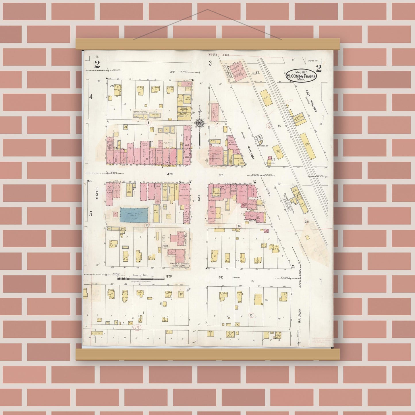 Old map wall art mockup — magnetic wood frame on brick wall — Sanborn Fire Insurance Map from Blooming Prairie, Steele County, Minnesota (1937), Sheet #0002