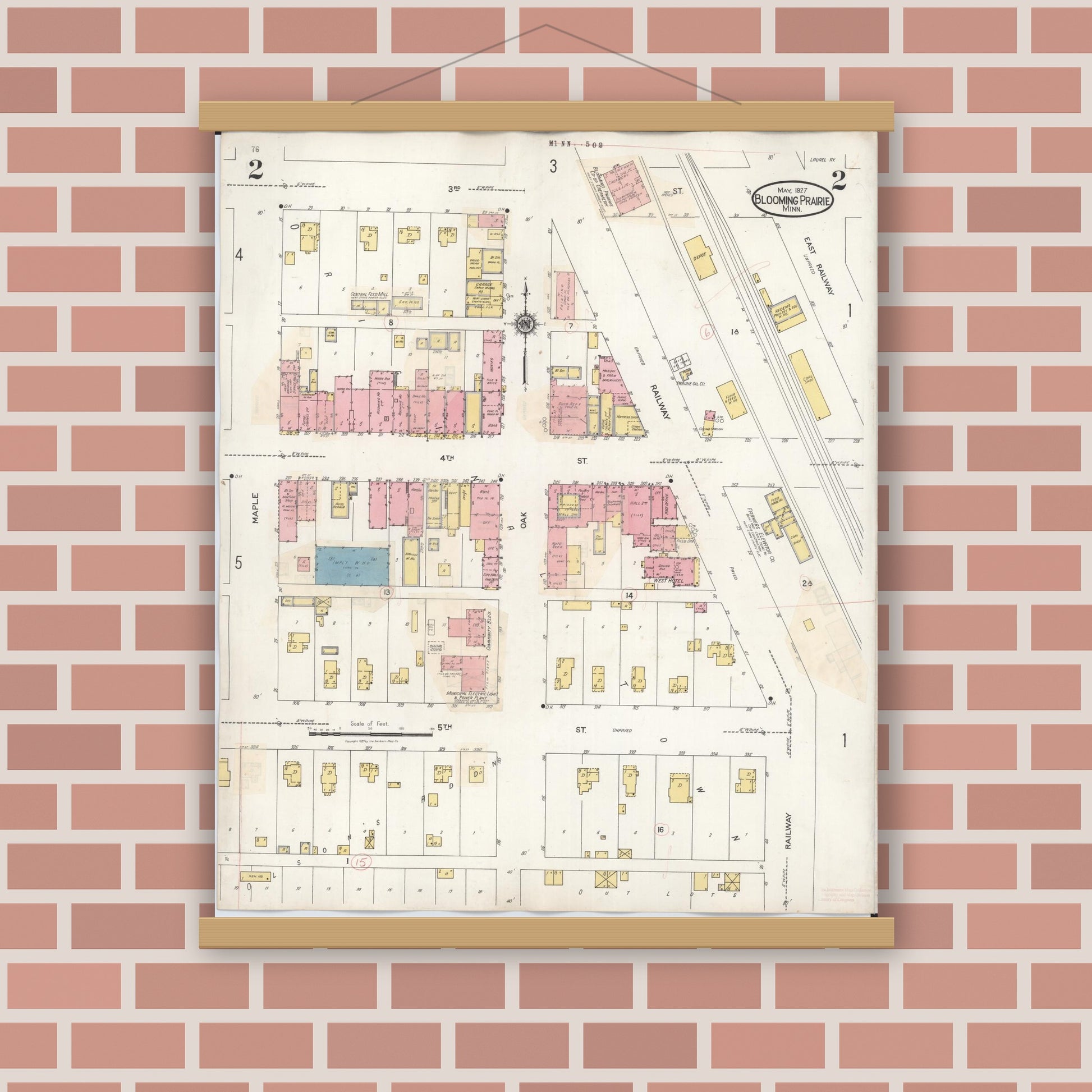 Old map wall art mockup — magnetic wood frame on brick wall — Sanborn Fire Insurance Map from Blooming Prairie, Steele County, Minnesota (1937), Sheet #0002