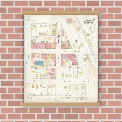 Old map wall art mockup — magnetic wood frame on brick wall — Sanborn Fire Insurance Map from Blooming Prairie, Steele County, Minnesota (1937), Sheet #0002