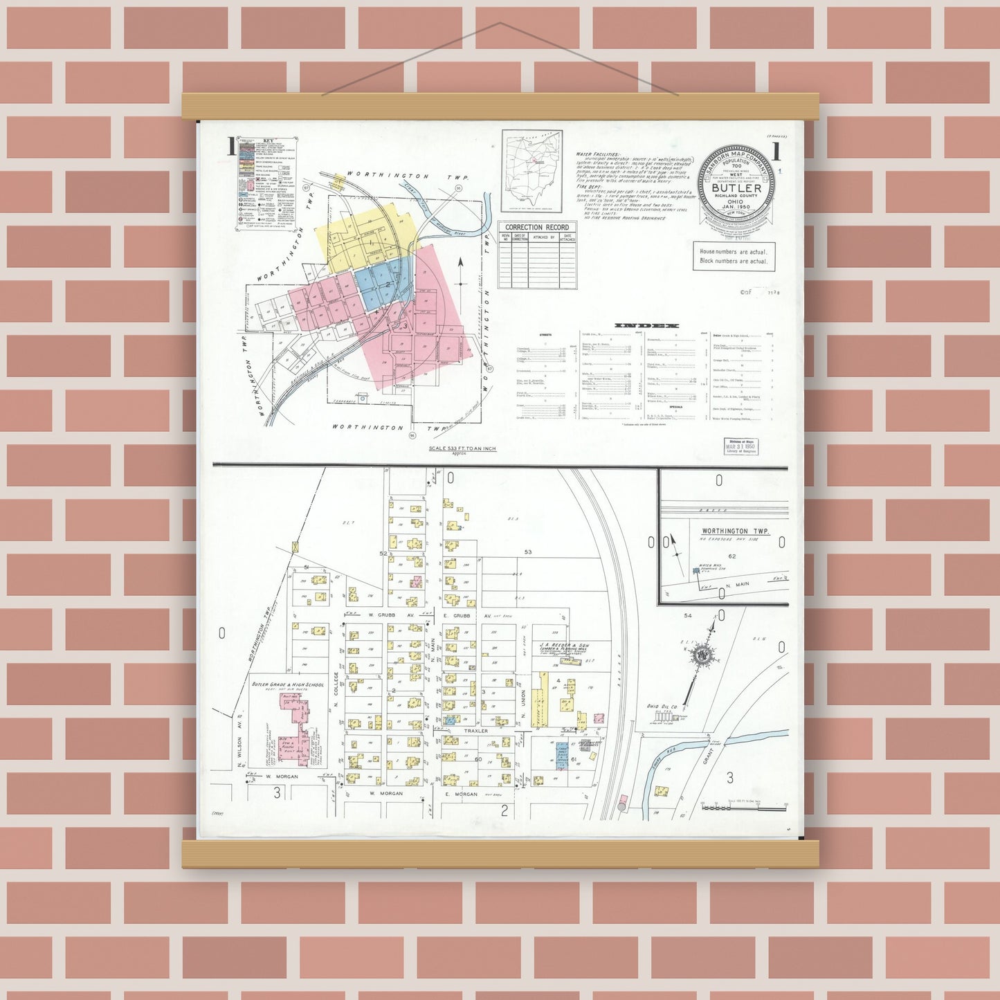 Old map wall art mockup — magnetic wood frame on brick wall — Sanborn Fire Insurance Map from Butler, Richland County, Ohio (1950) - Complete Map Set