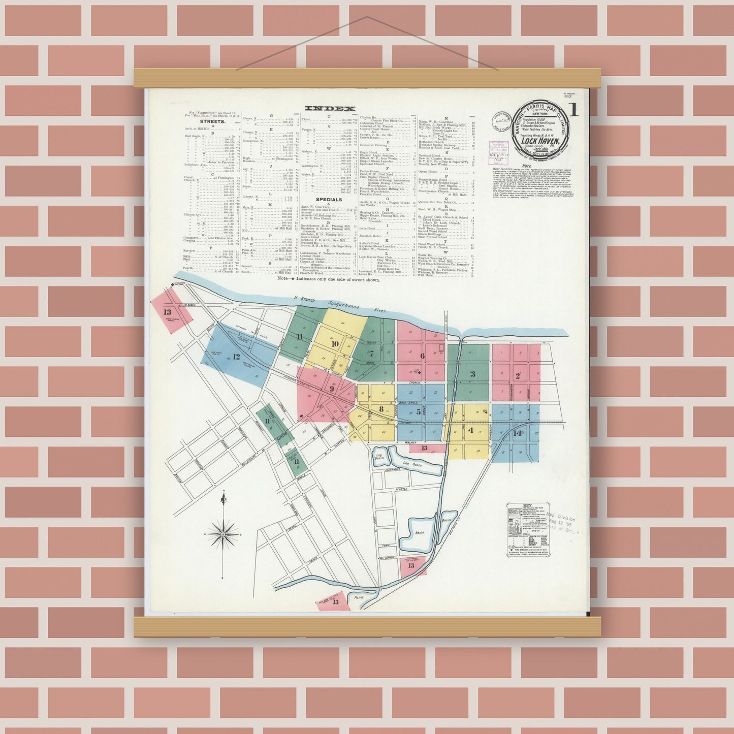 Old map wall art mockup — magnetic wood frame on brick wall — Sanborn Fire Insurance Map from Lock Haven, Clinton County, Pennsylvania (1901), Sheet #0001
