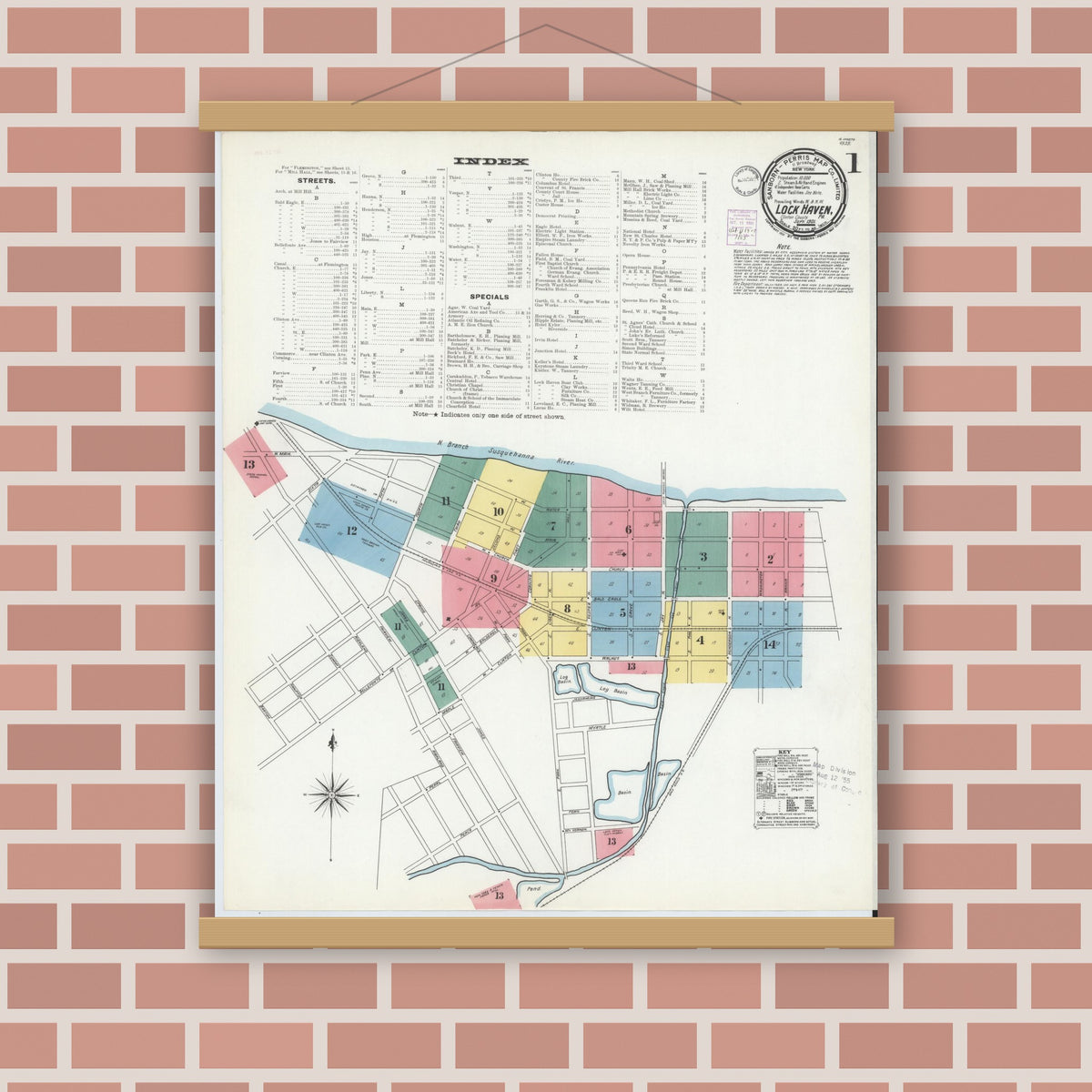 Old map wall art mockup — magnetic wood frame on brick wall — Sanborn Fire Insurance Map from Lock Haven, Clinton County, Pennsylvania (1901), Sheet #0001