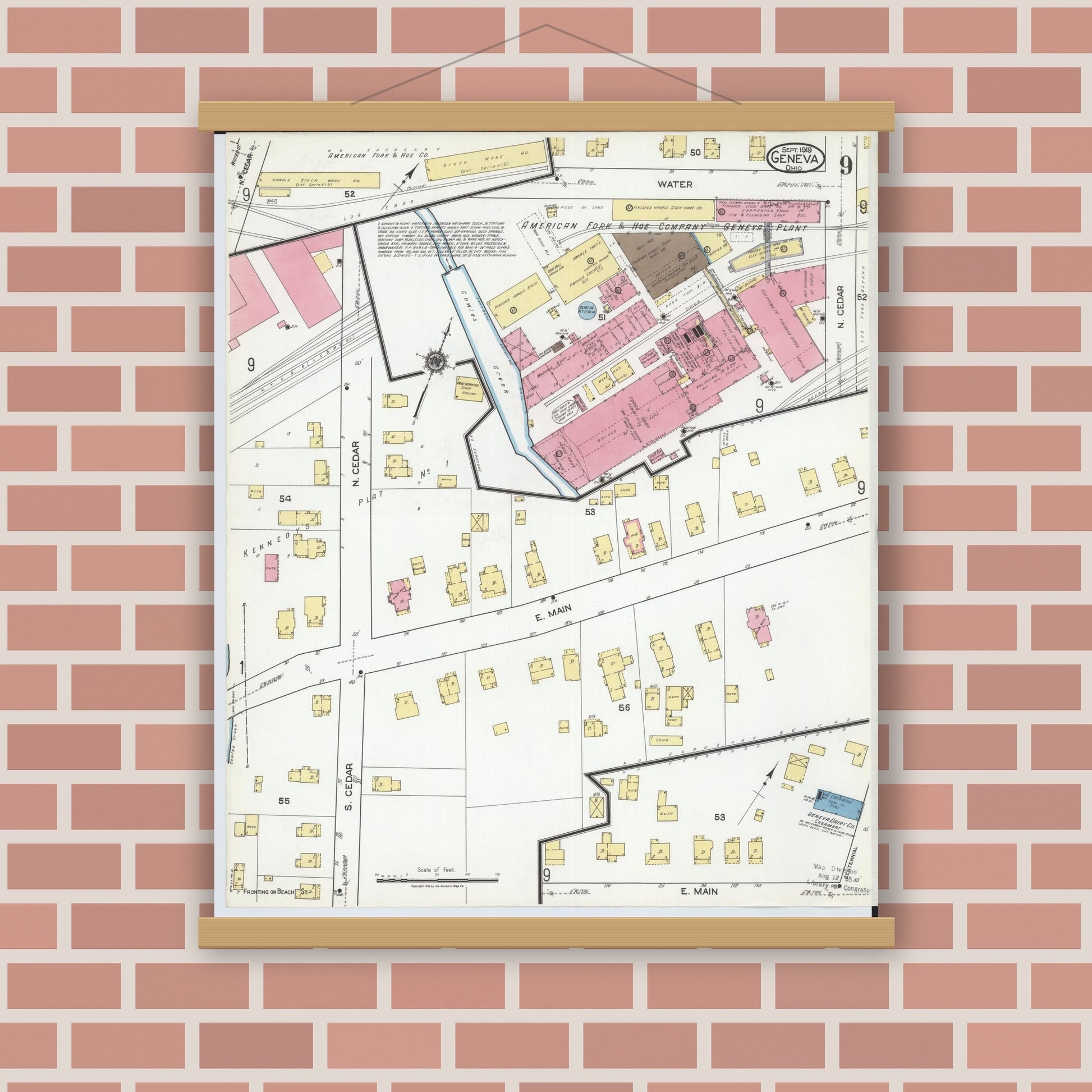 Old map wall art mockup — magnetic wood frame on brick wall — Sanborn Fire Insurance Map from Geneva, Ashtabula County, Ohio (1919), Sheet #0009