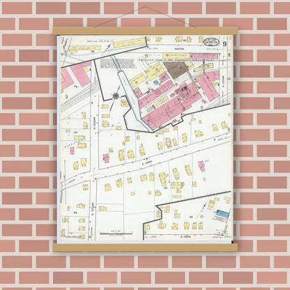 Old map wall art mockup — magnetic wood frame on brick wall — Sanborn Fire Insurance Map from Geneva, Ashtabula County, Ohio (1919), Sheet #0009