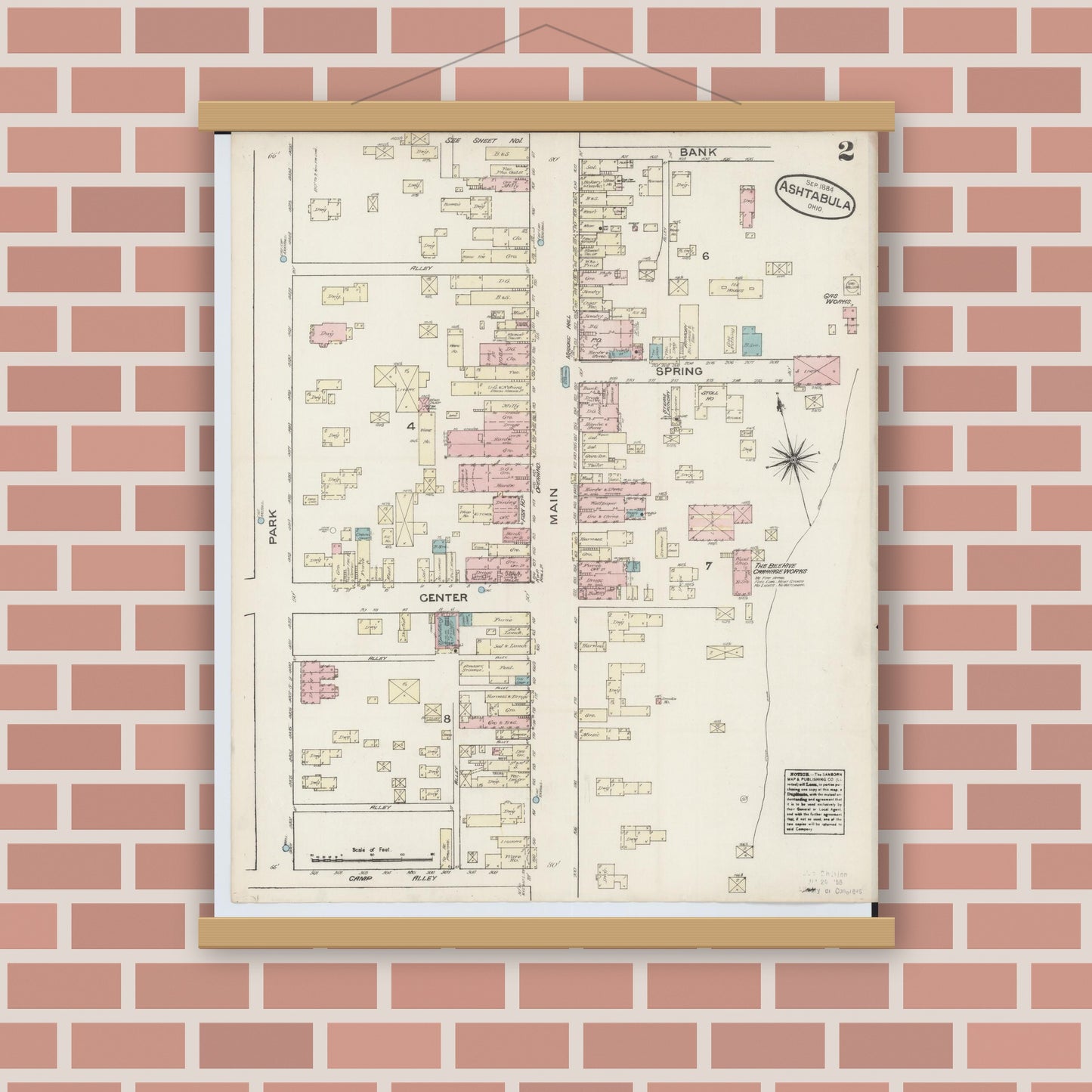 Old map wall art mockup — magnetic wood frame on brick wall — Sanborn Fire Insurance Map from Ashtabula, Ashtabula County, Ohio (1884), Sheet #0002