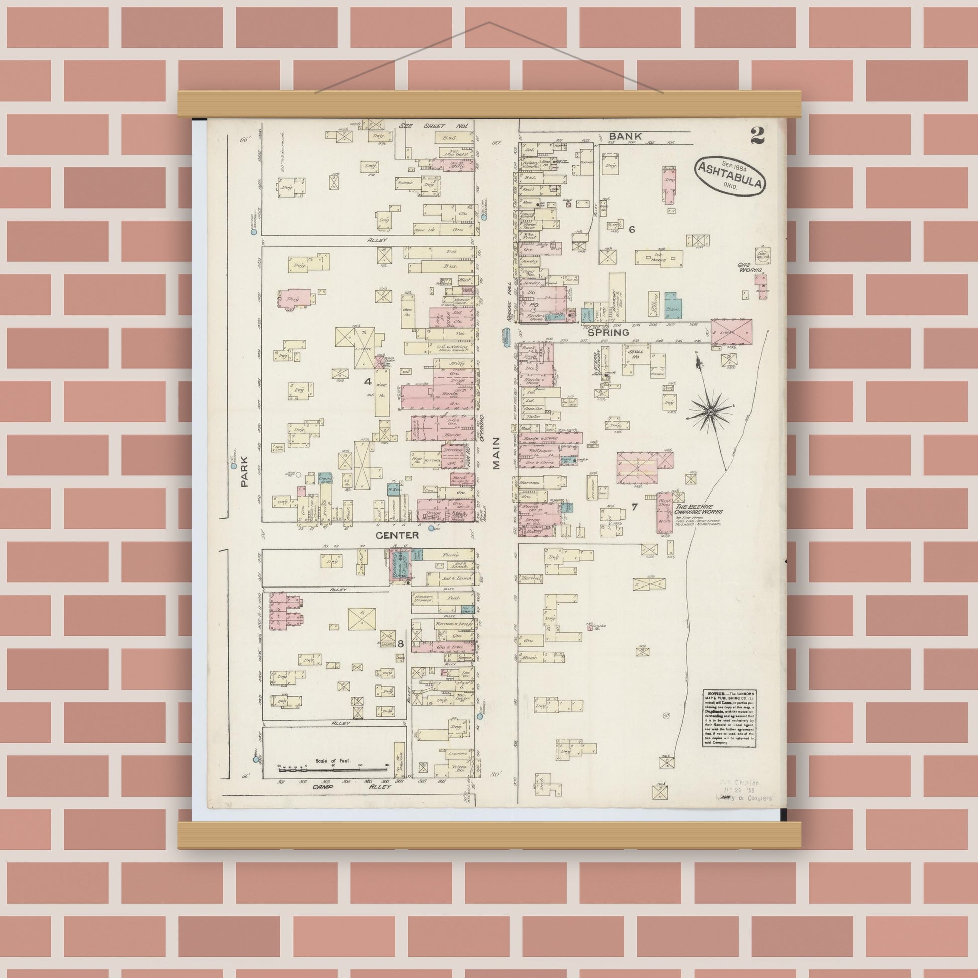 Old map wall art mockup — magnetic wood frame on brick wall — Sanborn Fire Insurance Map from Ashtabula, Ashtabula County, Ohio (1884), Sheet #0002